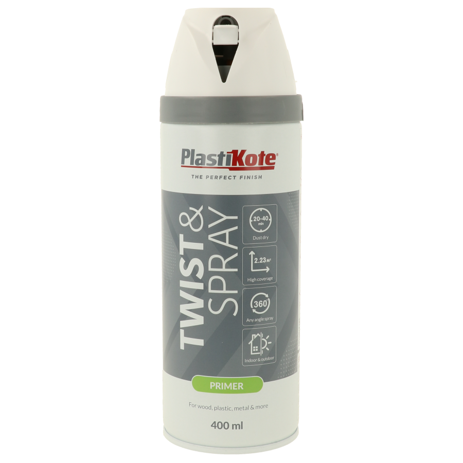 Plastikote Twist and Spray | Primer Paint | Quick Drying | White 400ml | 3 Can Bundle 