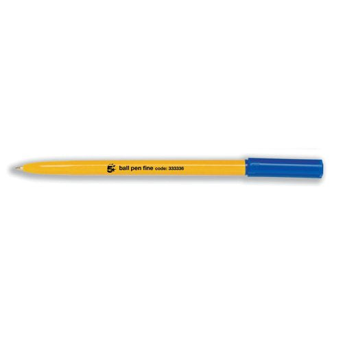 5 Star Ball Pen Fine 0.7mm Tip 0.3mm Line Yellow Barrel Blue (Pack of 50) 333336