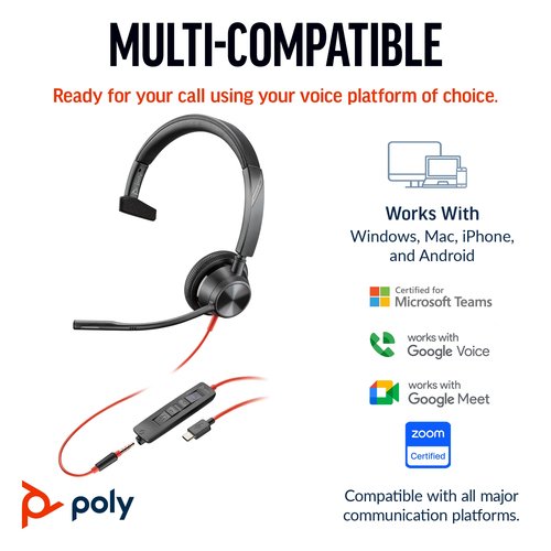 Poly Blackwire 3315 Monaural MS USB-C/A +3.5mm Headset 8X218AA