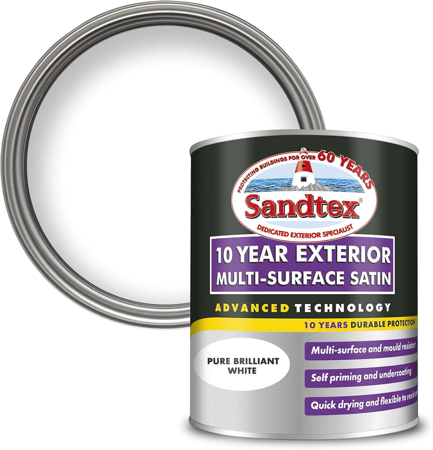 Sandtex 10 Year Multi Surface Satin Paint Brilliant White 750ml