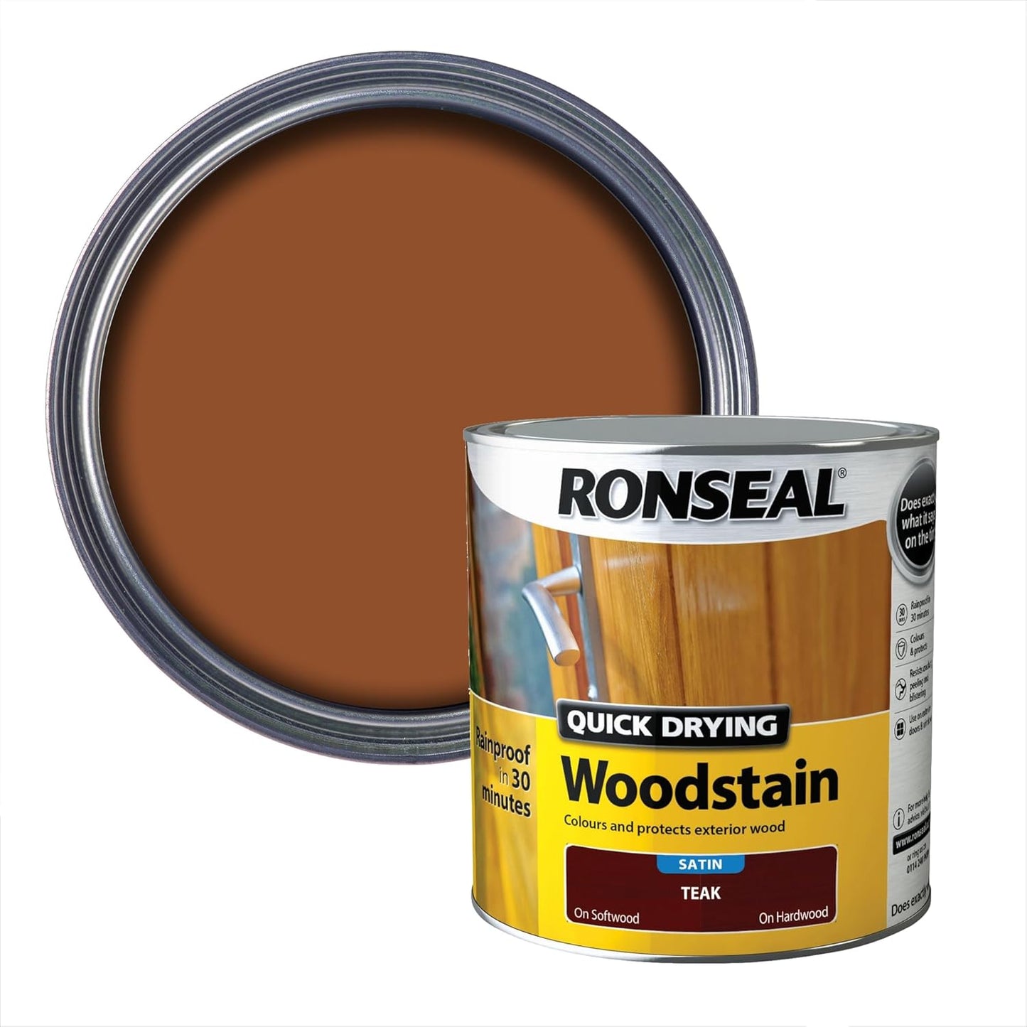 Ronseal Teak Satin Woodstain | Soft or Hard Wood | Quick Drying | 250ml