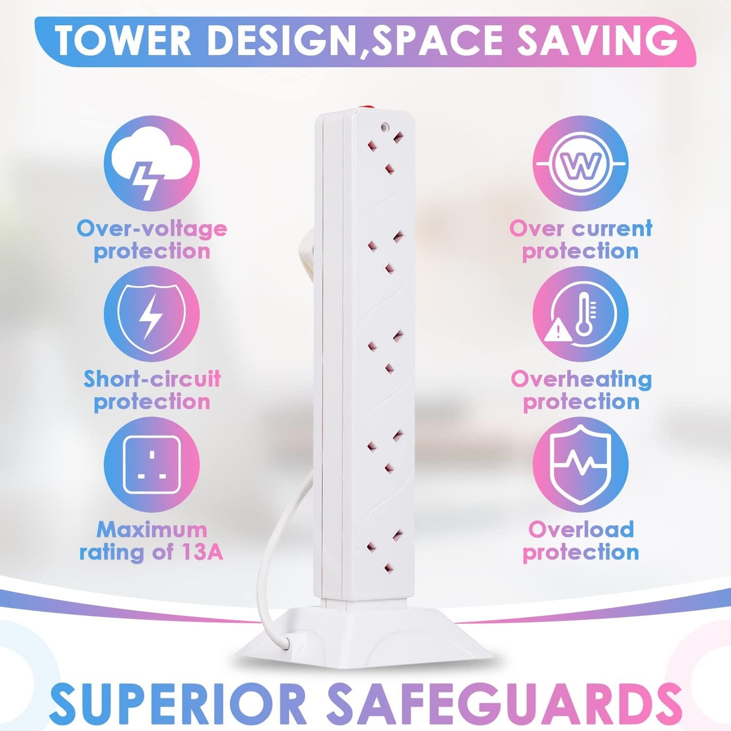 10 Gang Extension Lead Cable Tower Surge Protection 2m UK Mains Plug Socket