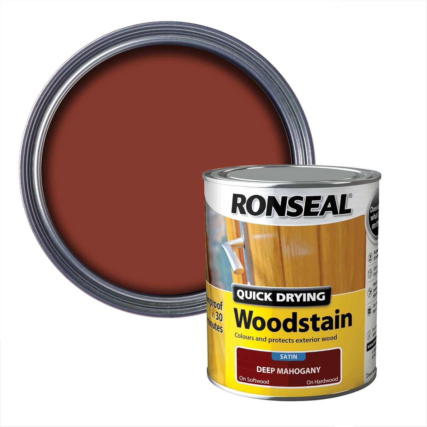 Ronseal Deep Mahogany Satin Woodstain | Soft or Hard Wood | Quick Drying | 750ml