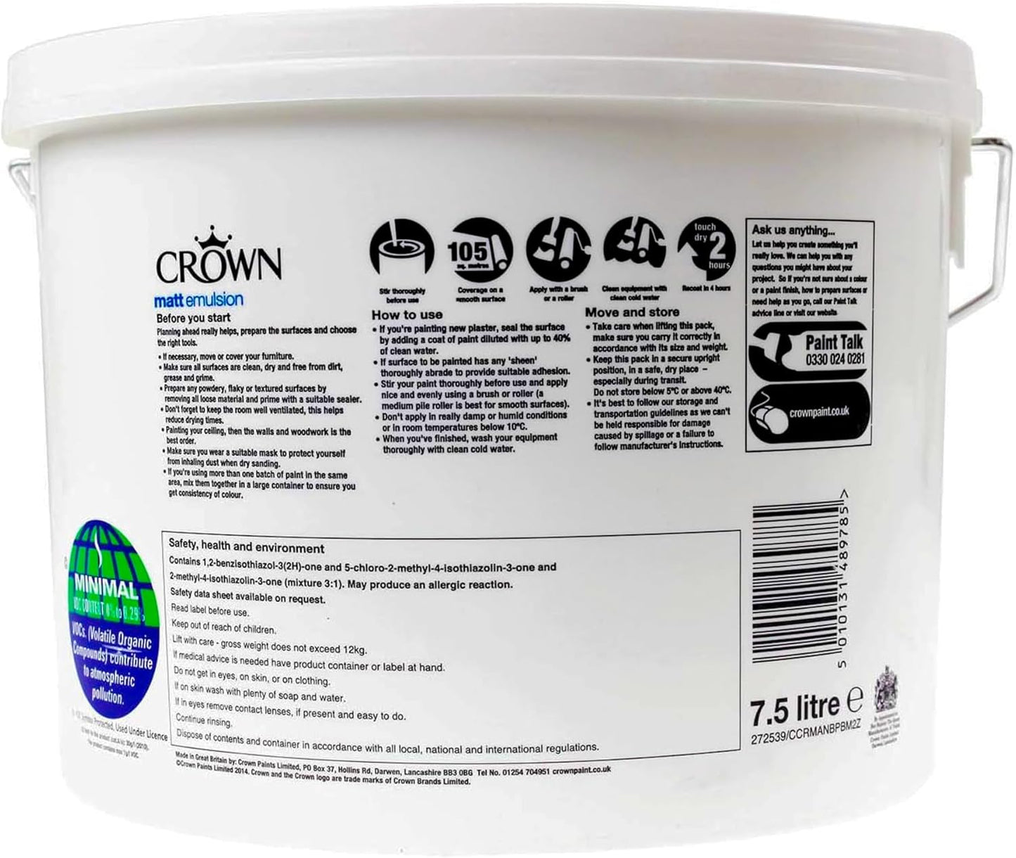CROWN Matt Emulsion Paint 7.5L Pure Brilliant White