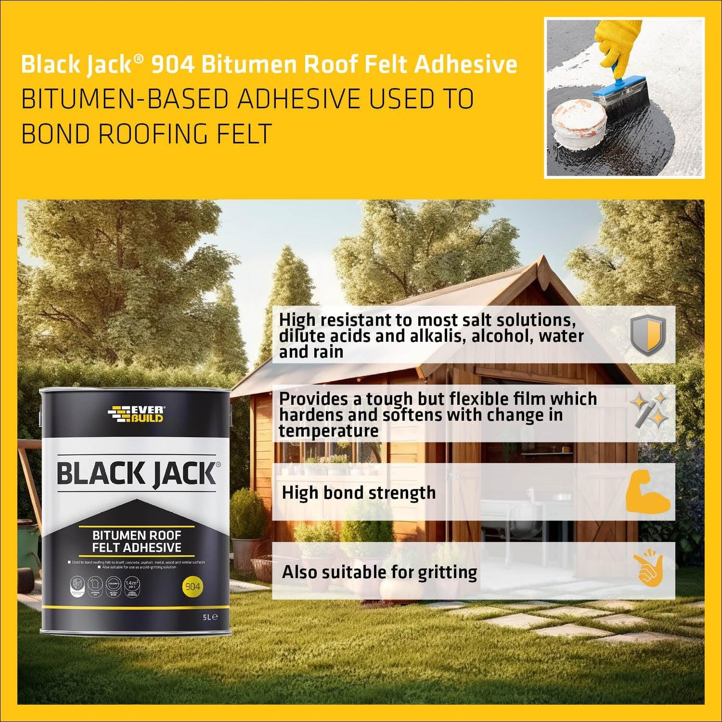 Everbuild Black Jack 904 Roof Felt Adhesive – High Strength – Black – 5 Litre