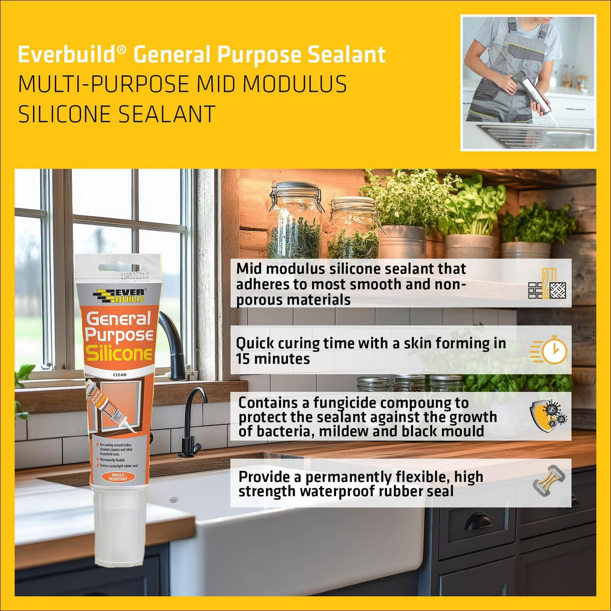 Everbuild General Purpose Silicone Sealant | Waterproof | White | 80ml
