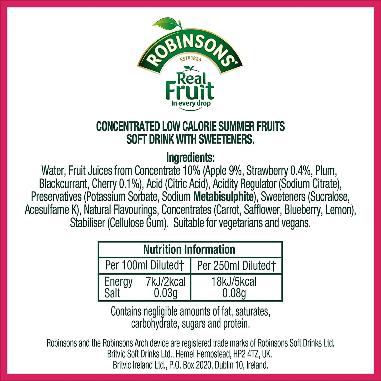 Robinsons No Added Sugar Summer Fruits Squash 1 Litre 206937