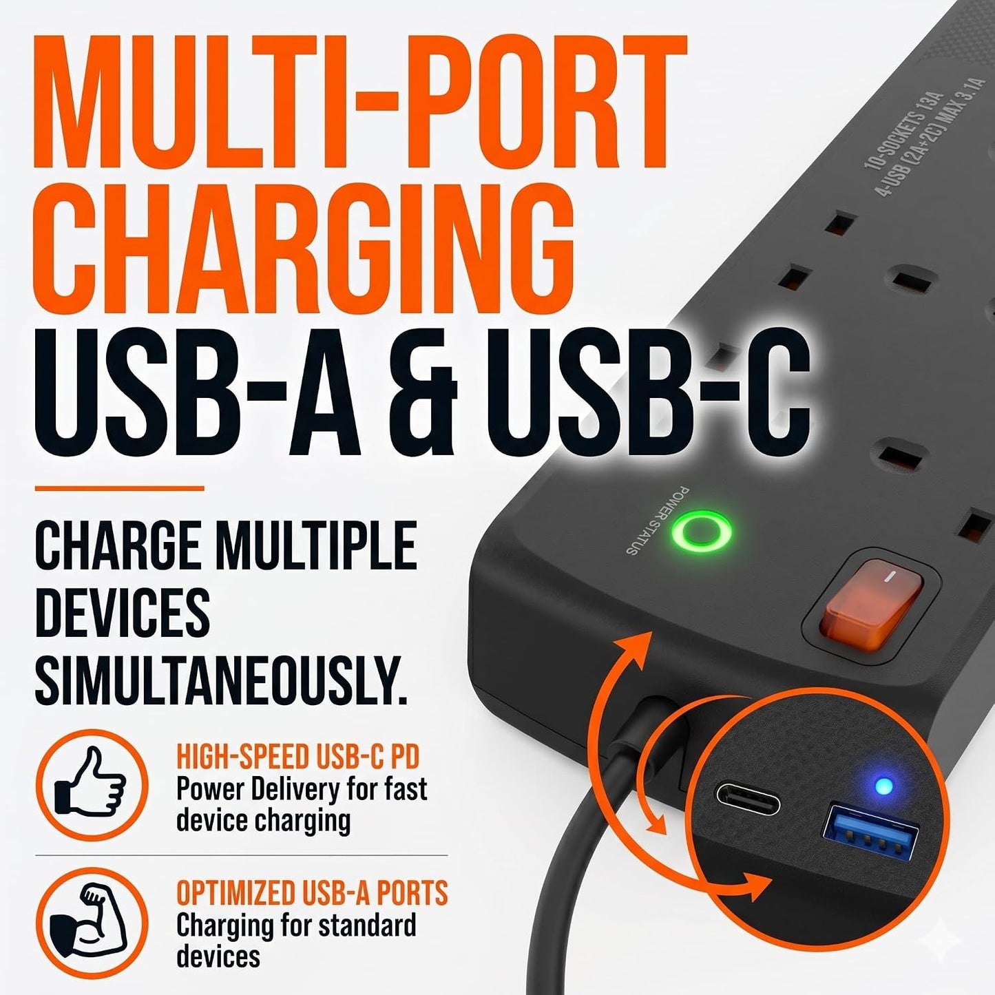 Westminster Electrical 6 Socket Extension Lead Power Hub | 4 x USB Outlets | 2m Extension Cable