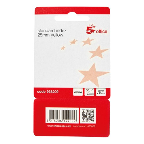 5 Star Standard Index Flags 25x45mm 50 Flags per Pad Yellow 938209