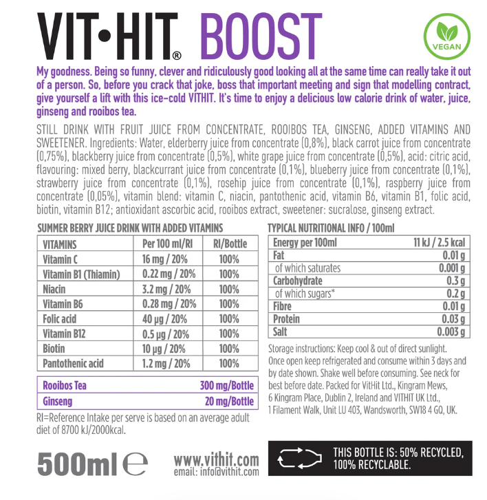 VIT HIT Boost, Berry Rooibos & Ginsing 12 x 500ml