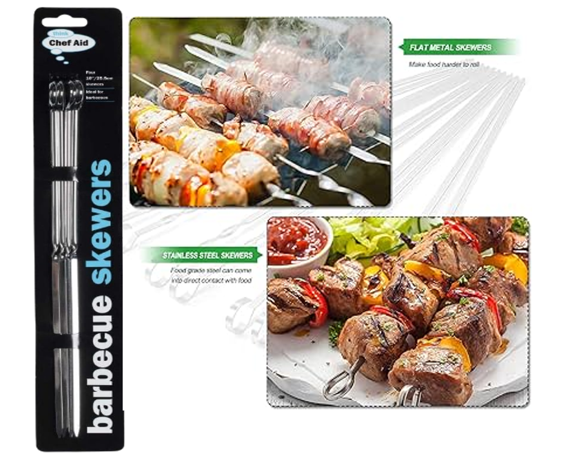 Chef Aid 10 Inch Metal BBQ Skewers | Stainless Steel | 4 Pack