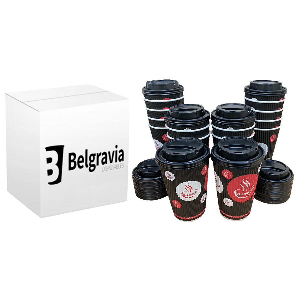 NEW Belgravia 16oz Triple Walled Paper Red & Black Ripple Cups & Black Lids 100s