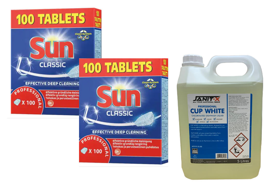 Sun Professional Dishwasher Tablets (2 x Pack of 100) & 5L Janit-X Cups White FREE !