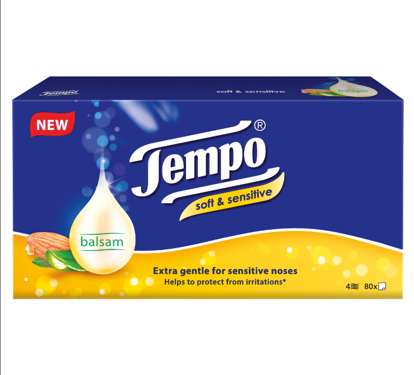 Tempo Balsam Soft & Sensitive Tissues Almond Oil | 12 Boxes x 80's | 4ply Tissue (Blue Box)
