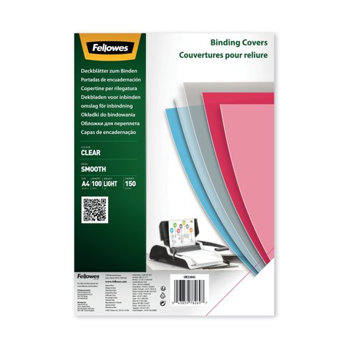 Fellowes Binding Covers for Comb/Wire Binding Machines A4 150 Micron Clear PET (Pack of 100) 5384501