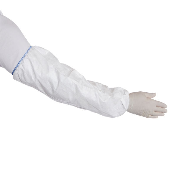 Tyvek® 500 Sleeve model PS32LA. Stitched internal seam. Elastic openings. Blue stitches on upper arm. White. Pack 20's - UK BUSINESS SUPPLIES