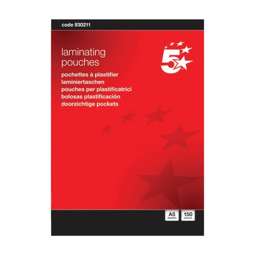 5 Star Laminating Pouches 150 Micron Gloss A5 (Pack of 100) 930211