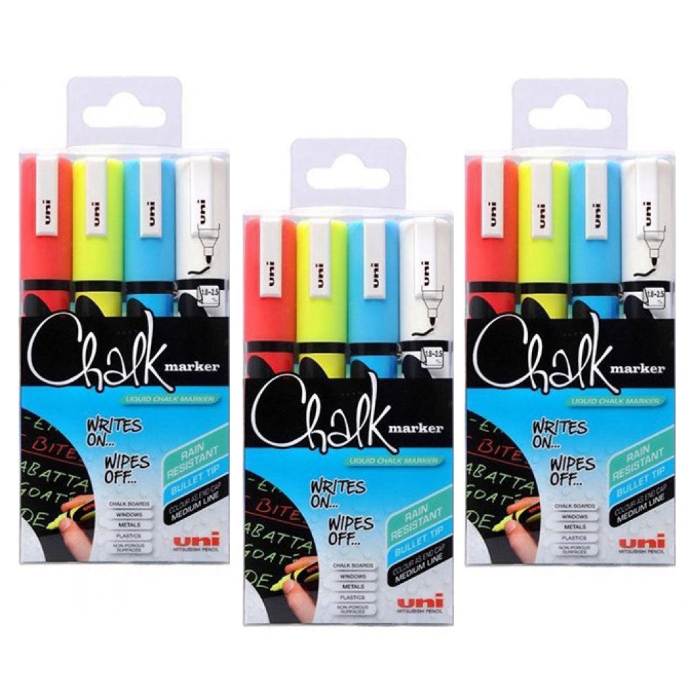Uni Chalk Markers Medium Assorted Pack 4 1.8 - 2.5mm line width