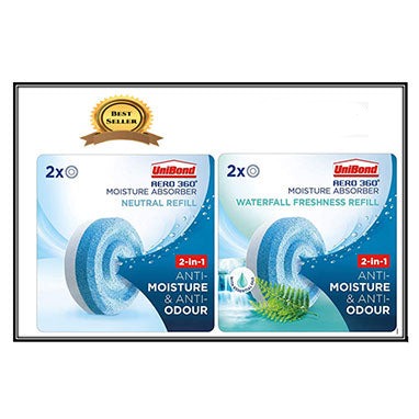 Unibond AERO 360° Moisture Absorber Neutral & Waterfall Twin Pack Refills 4 tablets - ONE CLICK SUPPLIES