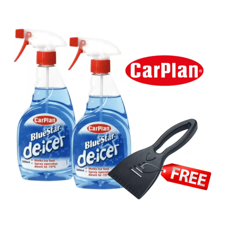 CarPlan Blue Star De-Icer Trigger Spray FREE Scraper | 2 x 500ml Sprays and Free Scraper Bundle