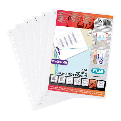 Elba Heavy Duty Quick-in Punched Pockets / Polypropylene / A4 / Clear / Pack of 100 - UK BUSINESS SUPPLIES
