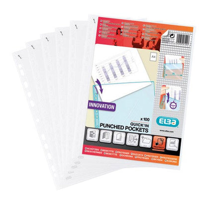 Elba Heavy Duty Quick-in Punched Pockets / Polypropylene / A4 / Clear / Pack of 100 - UK BUSINESS SUPPLIES