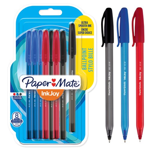 Paper Mate InkJoy 100 Ballpoint Pen 1.0mm Tip 0.7mm Line Black/Blue/Red (Pack 8) - 1956745