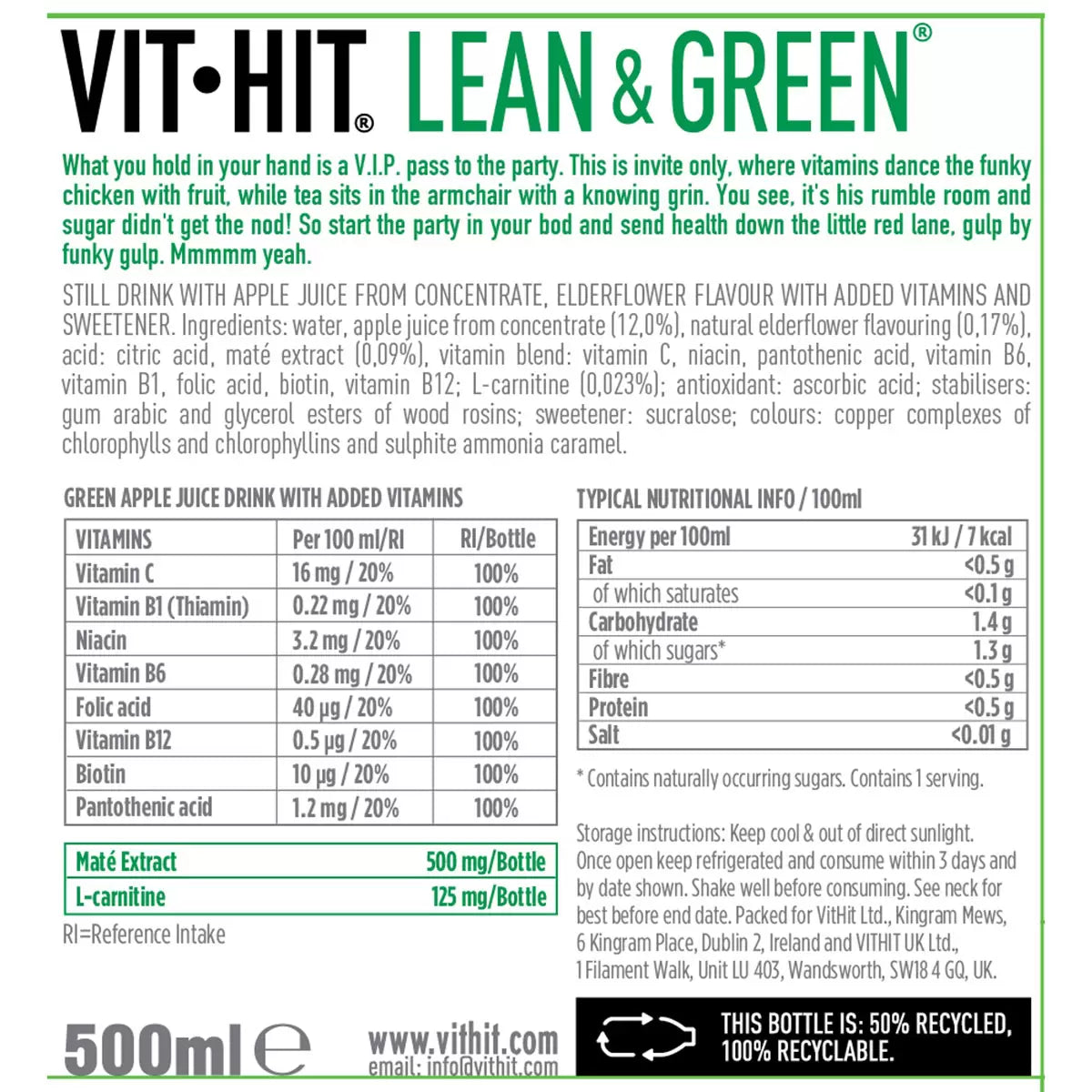 VIT HIT Lean & Green, Apple & Elderflower 12 x 500ml