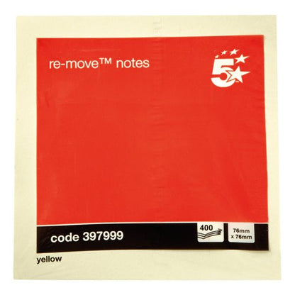 5 Star Sticky Notes Repositionable Cube 400 Sheets 76x76mm Yellow 397999