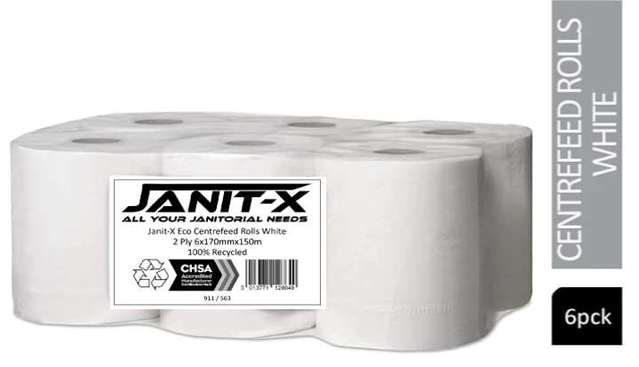 Janit-X Eco 100% Recycled XL Centrefeed Rolls White 6 x 150m CHSA Accredited