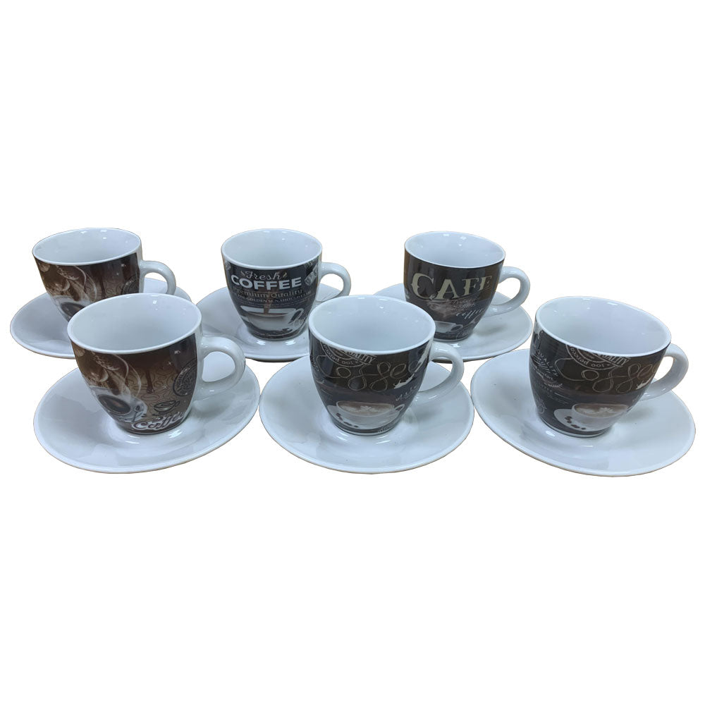Fixtures Coffee Printed Design Espresso Cup & Saucer Set {12 Piece Set}