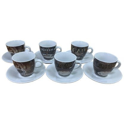 Fixtures Coffee Printed Design Espresso Cup & Saucer Set {12 Piece Set}