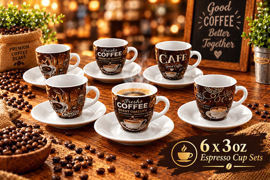 Fixtures Coffee Printed Design Espresso Cup & Saucer Set {12 Piece Set} - UK BUSINESS SUPPLIES