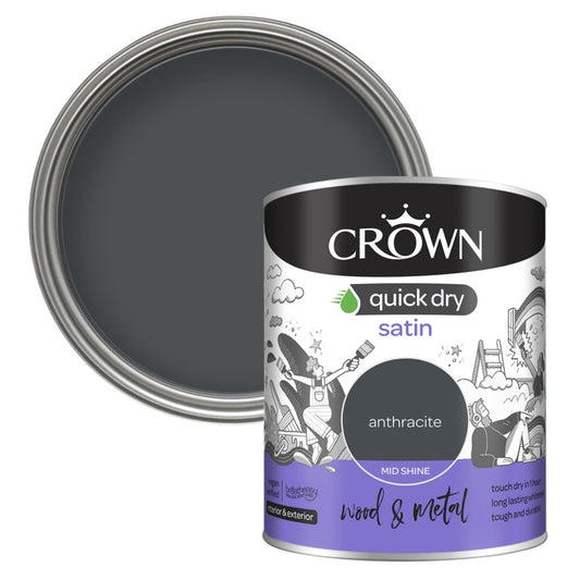 Crown Quick Dry Satin Paint Anthracite Grey 750Ml Int/Ext Wood Or Metal