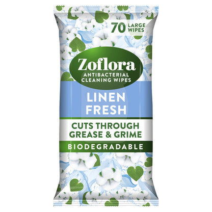 Zoflora Linen Fresh Biodegradable Wipes, Antibacterial Multi-Surface Cleaning Wipes, 70's