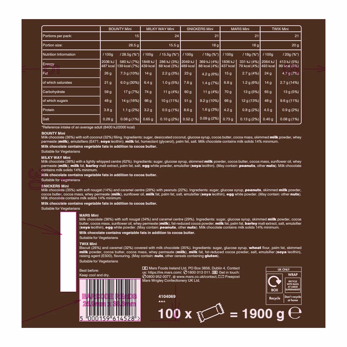 Mars The Big Box Fun Size Chocolate Bars | 1 x 100 Bars | 1.9kg Multipack | Snickers, Bounty, Twix, Bounty etc.