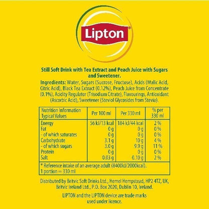 Lipton Peach Ice Tea | 330ml Can| 24 x 330ml Pack | Low calorie soft drink, 100% black tea extract.