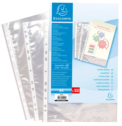 Exacompta Multi Punched Pocket Polypropylene A4 60 Micron Top Opening Clear (Pack 100) - 5200E