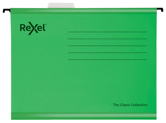 Rexel Classic Foolscap Suspension File Card 15mm V Base Green (Pack 25) 2115591