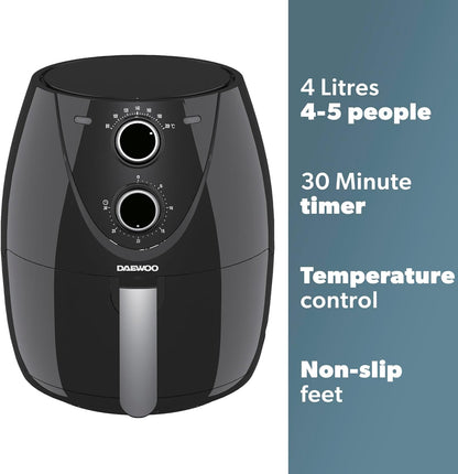 Daewoo 4L Manual Air Fryer | Family Size | Black | 4 Litre Capacity