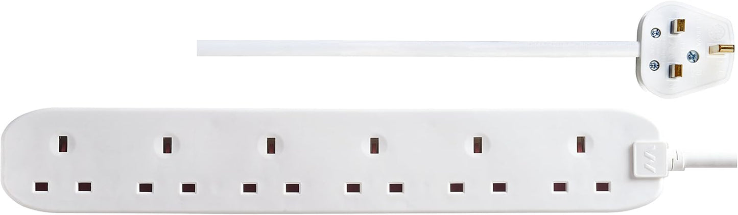 Masterplug Six Socket Extension Lead, 2 Metre, White