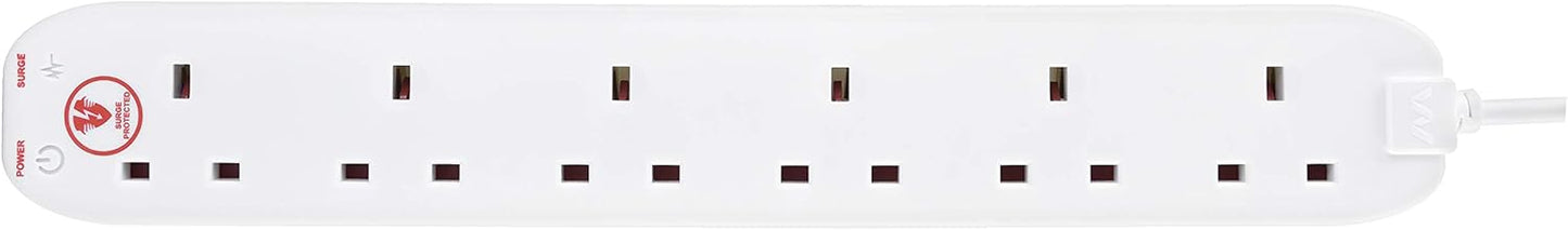 Masterplug Six Socket Power Surge Protected Extension Lead, 2 Metres, White