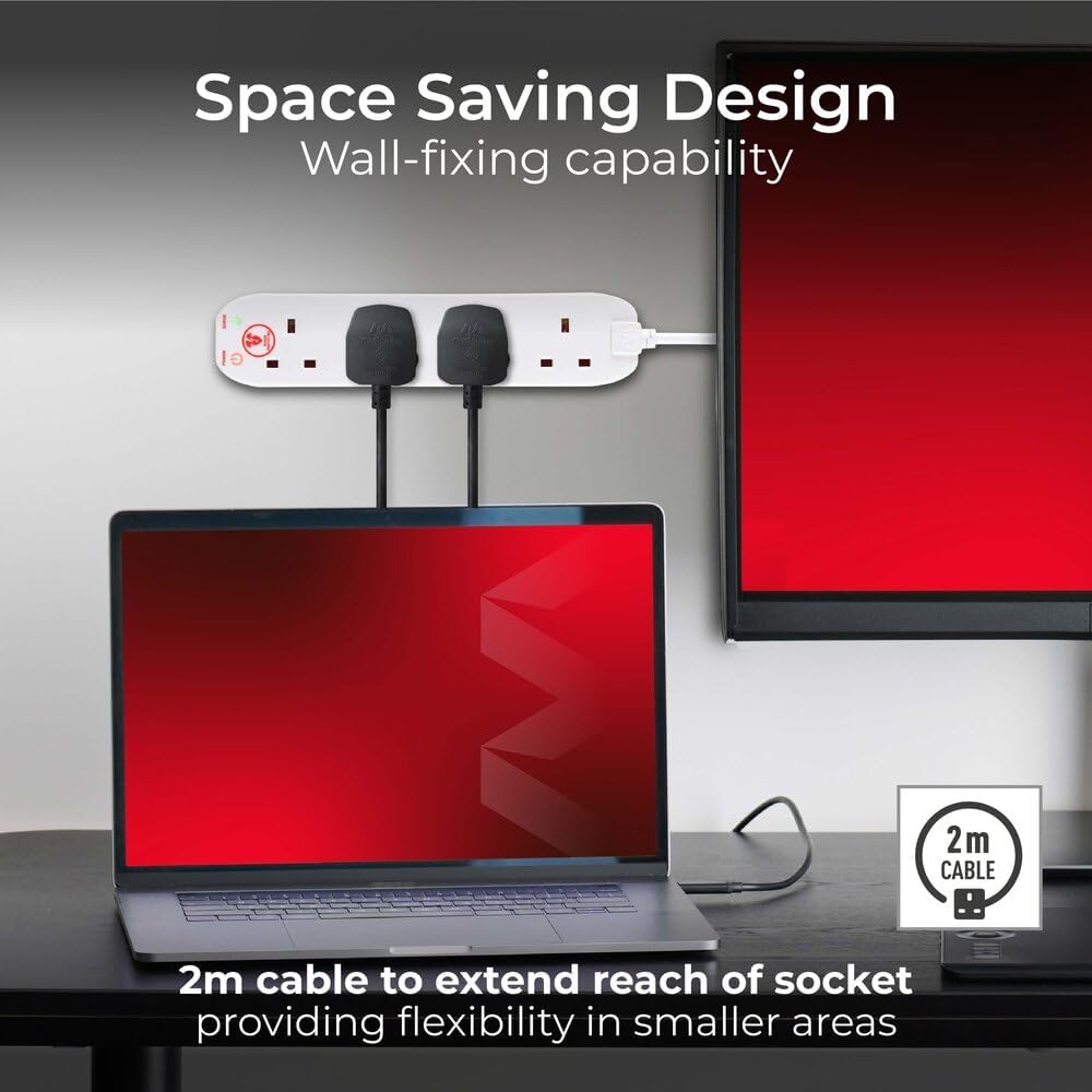 Masterplug Four Socket Power Surge Protected Extension Lead, 2 Metres, 25 X 5.5 X 3 Cm, White