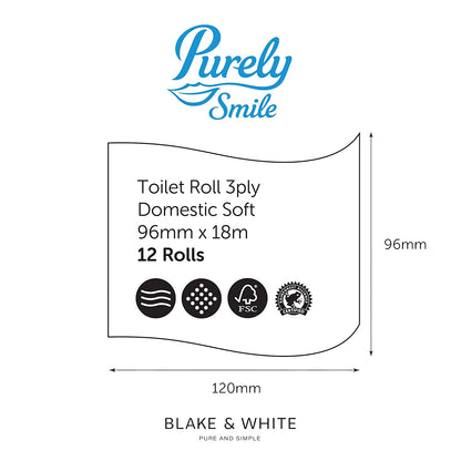 Blake & White PS1126 Purely Smile 3ply Soft Toilet Roll | Pack of 12 | PS1125 | FSC Certified, White
