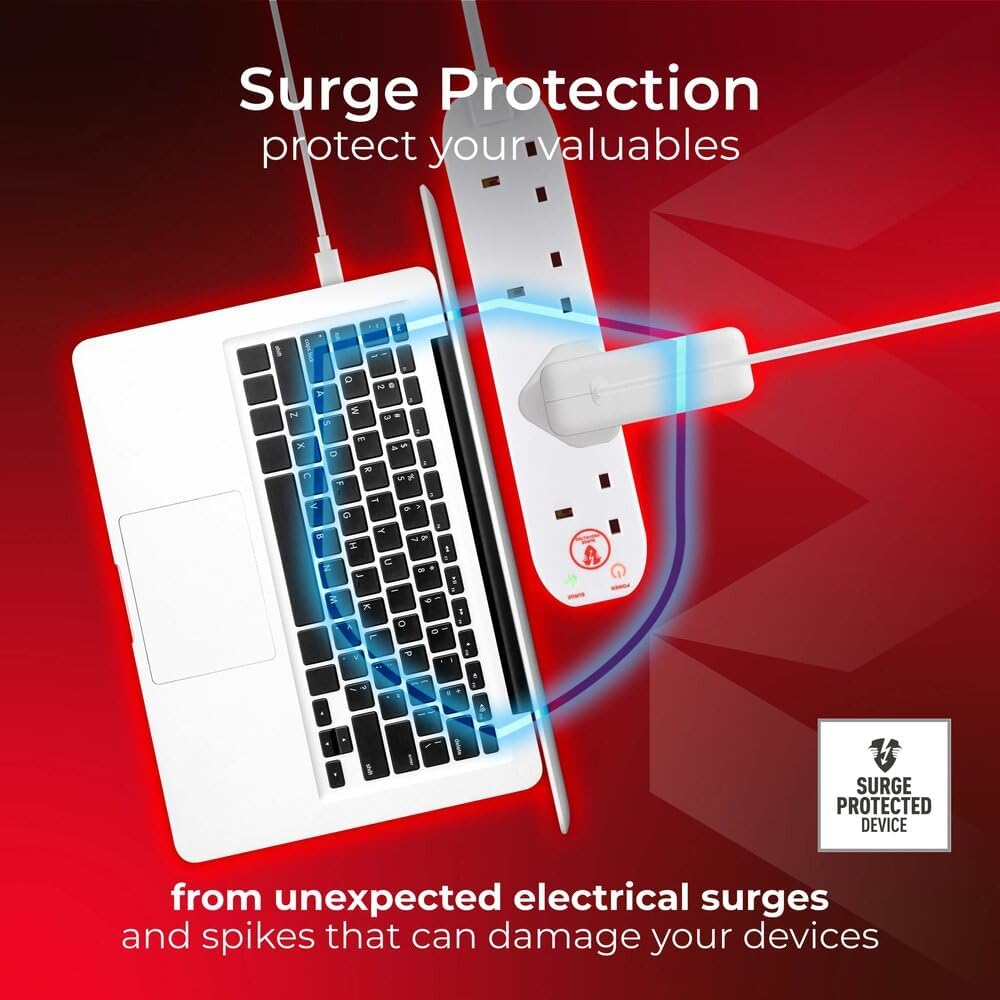 Masterplug Four Socket Power Surge Protected Extension Lead, 2 Metres, 25 X 5.5 X 3 Cm, White