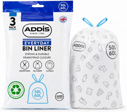 Addis 50–60L Kitchen Bin Liners, Strong Drawstring Bin Bags, 45 Bags