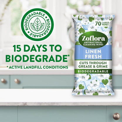 Zoflora Linen Fresh Biodegradable Wipes, Antibacterial Multi-Surface Cleaning Wipes, 70's