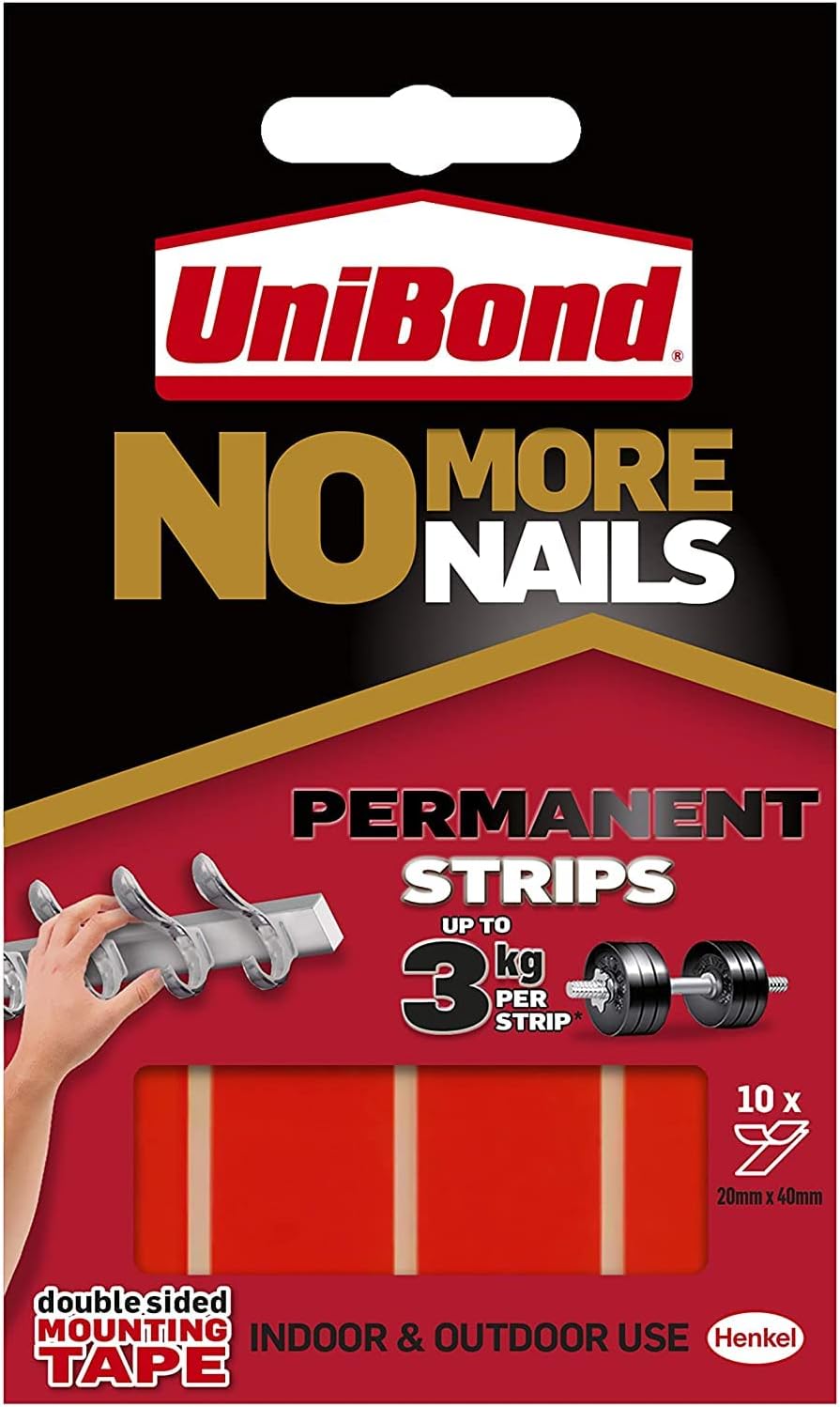 Unibond No More Nails Permanent, Adhesive Strips, Double Sided Sticky Tape Pack Of 10