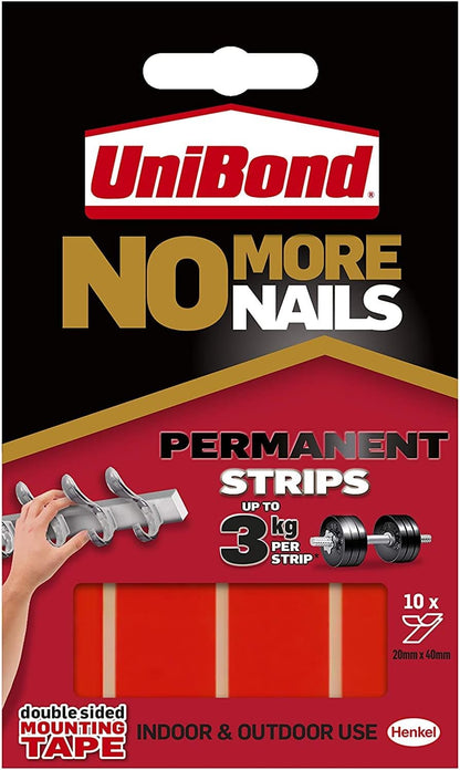 Unibond No More Nails Permanent, Adhesive Strips, Double Sided Sticky Tape Pack Of 10
