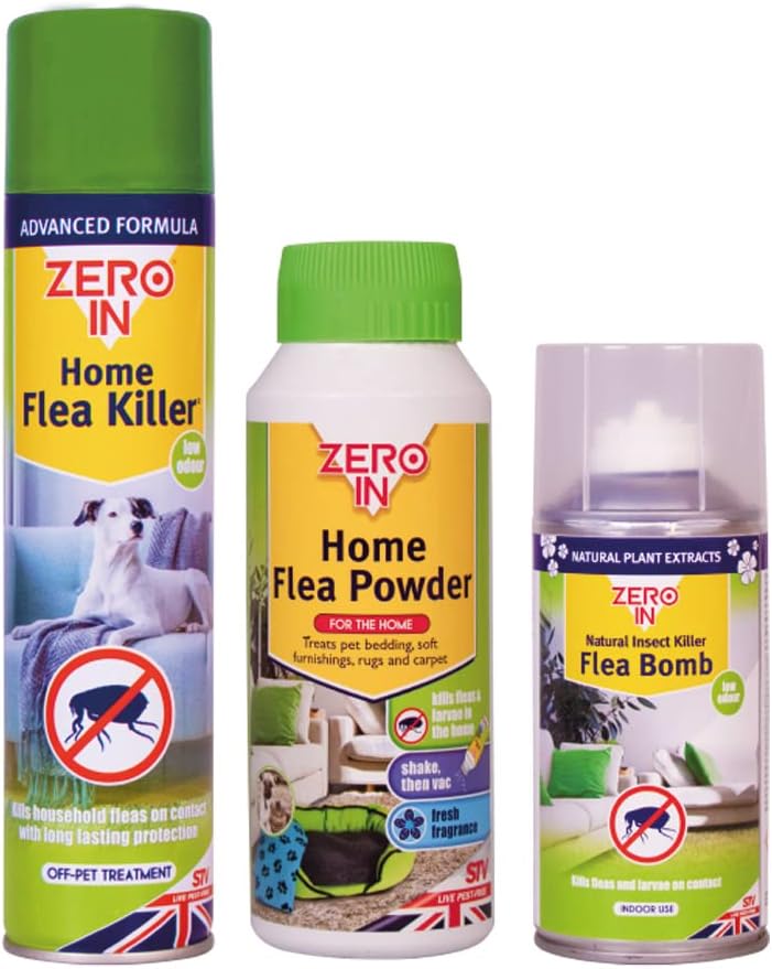 Zero In All-In-One Flea Killer Kit | 3 Treatment Pack | Powder, Spray and Room Bomb